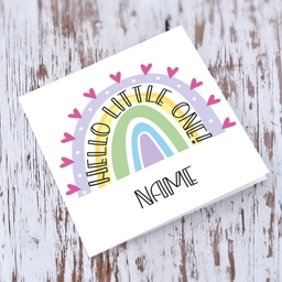 Rainbow themed new born personaliseable card for girls in English with text in rainbow