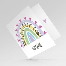 Rainbow themed new born personaliseable card for girls in English with text in rainbow