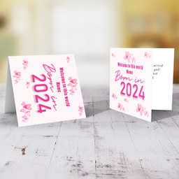 Born in 2024 card for new born girl with scattered pink hearts in English (PErsonalisable)