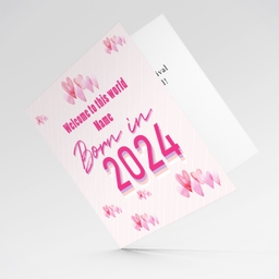 Born in 2024 card for new born girl with scattered pink hearts in English (PErsonalisable)