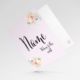 An elegant new born card for girls with elegant flowers in English (Personalisable)