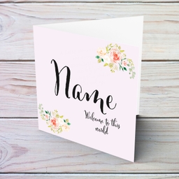 An elegant new born card for girls with elegant flowers in English (Personalisable)