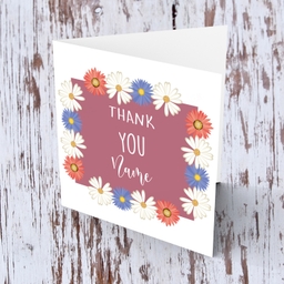 Thank you card with colourful floral border in English  (Personalisable)