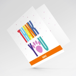 Colourful thank you card with paw print and scattered hearts in English