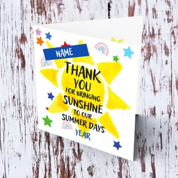 Colourful thank you card for Summer School Teachers with blue touches in colourful text in English (Personalisable)