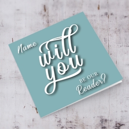 Will yo be our reader? - Personalisable Bridal card in English with dark turquoise background and white text  