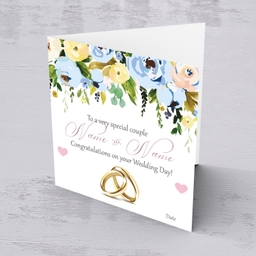 Floral personalisable Wedding card in in blue tones in English with wedding rings