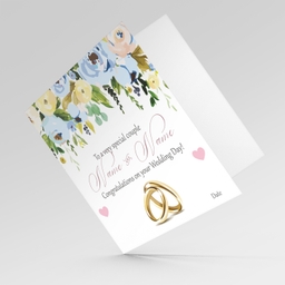 Floral personalisable Wedding card in in blue tones in English with wedding rings