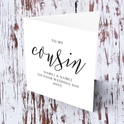 Cousin & Spouse minimalist wedding card in black text in English (personalisable)