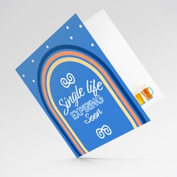 Shades of blue and orange bachelor party greeting card - Single life expiring soon in English