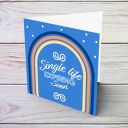 Shades of blue and orange bachelor party greeting card - Single life expiring soon in English