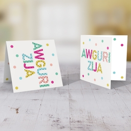 Colourful text with polka dots - Awguri Zija card for Aunty in Maltese