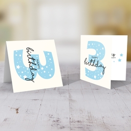 Blue number  3 with scattered white hearts birthday card in English