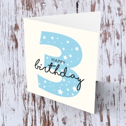 Blue number  3 with scattered white hearts birthday card in English