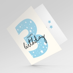 Blue number  3 with scattered white hearts birthday card in English