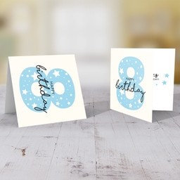 Blue number 8 with scattered white hearts birthday card in English