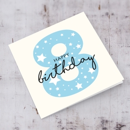 Blue number 8 with scattered white hearts birthday card in English