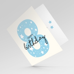 Blue number 8 with scattered white hearts birthday card in English