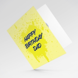 Yellow splattered paint background with blue text birthday card for Dad in English