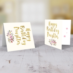 Golden glitter birthday card for daughter with flowers in English