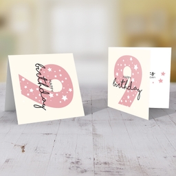 Pink number 9 with scattered white hearts birthday card in English