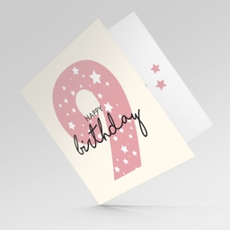 Pink number 9 with scattered white hearts birthday card in English