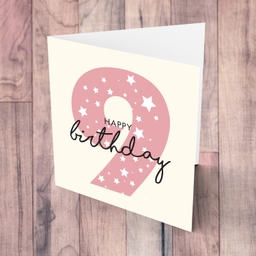 Pink number 9 with scattered white hearts birthday card in English