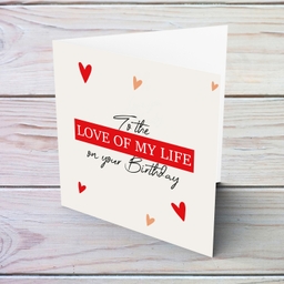 Love of my life birthday card with scattered hearts in English