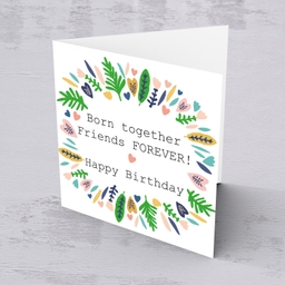 Leaves wreath birthday card for twins in English