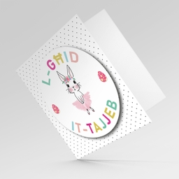 Cute bunny Easter card with colourful text and polka dotted background in Maltese