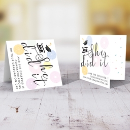 You did it and he deserve it - Graduation card with blue and green designs and graduation hat in English (Female)