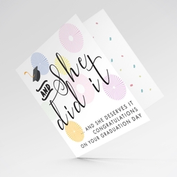 You did it and he deserve it - Graduation card with blue and green designs and graduation hat in English (Female)