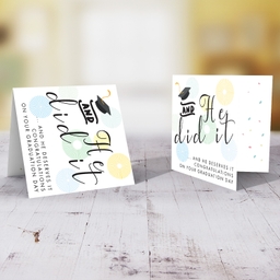 You he did it and he deserve it - Graduation card with blue and green designs and graduation hat in English