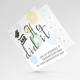 You he did it and he deserve it - Graduation card with blue and green designs and graduation hat in English