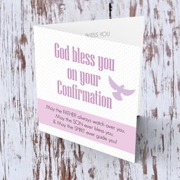 Spotted background Confirmation card in English with pink sash and holy spirit