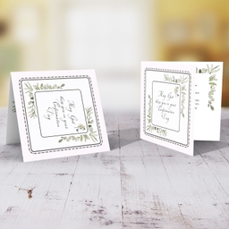 Light pink background, dotted frame and leaves themed Confirmation card in English