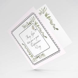 Light pink background, dotted frame and leaves themed Confirmation card in English