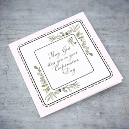 Light pink background, dotted frame and leaves themed Confirmation card in English