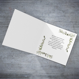 Light pink background, dotted frame and leaves themed Confirmation card in English