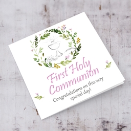 Floral wreath with Holy Spirit Confirmation Card in English for Girl