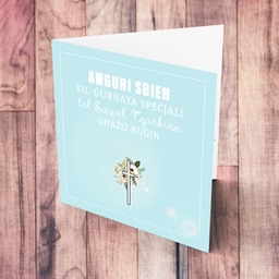 Cousin - Light blue with cross and florals Holy Communion Card in Maltese for cousin