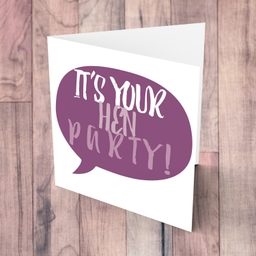 Speech bubble themed hen party card in purple tones (English)