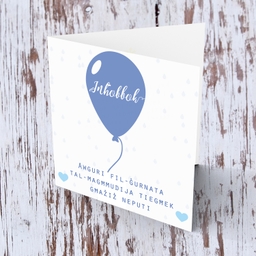 Blue balloon themed baptism card for nephew in Maltese