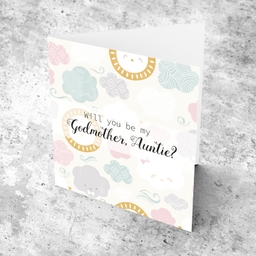 Will you be my Godmother, Auntie card in English with pastel clouds and smiling sun