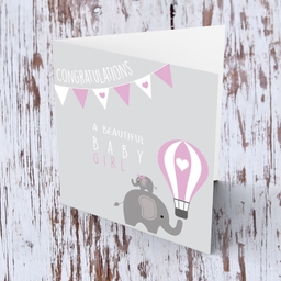 Elephant, hot air balloon with bunting - new born card for girls