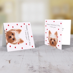 Dog themed valentine's card in English with pink background and red hearts