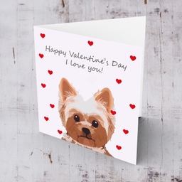 Dog themed valentine's card in English with pink background and red hearts