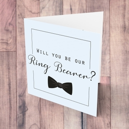 Will you be our Ring Bearer card with black bow in English