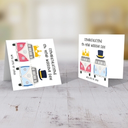 Campervan themed wedding card with crown and hat in English