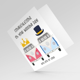 Campervan themed wedding card with crown and hat in English